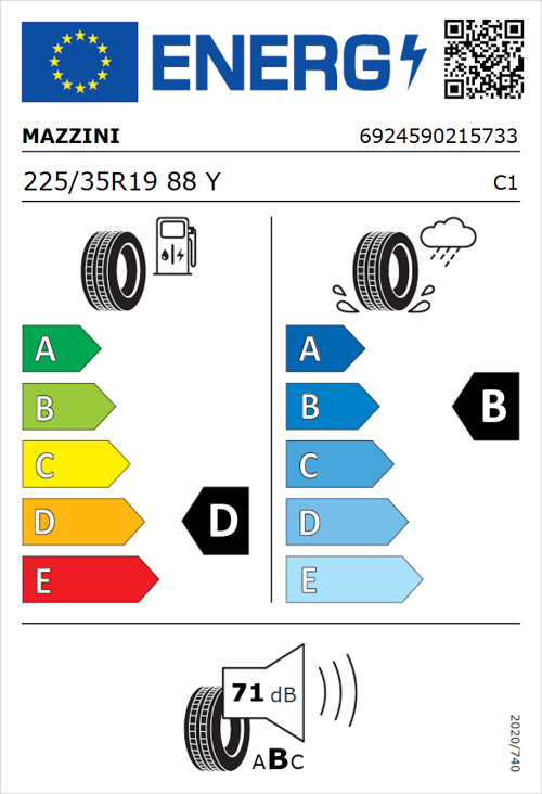 Tyre Label for Mazzini Supersport Chaser 225/35R19 88Y